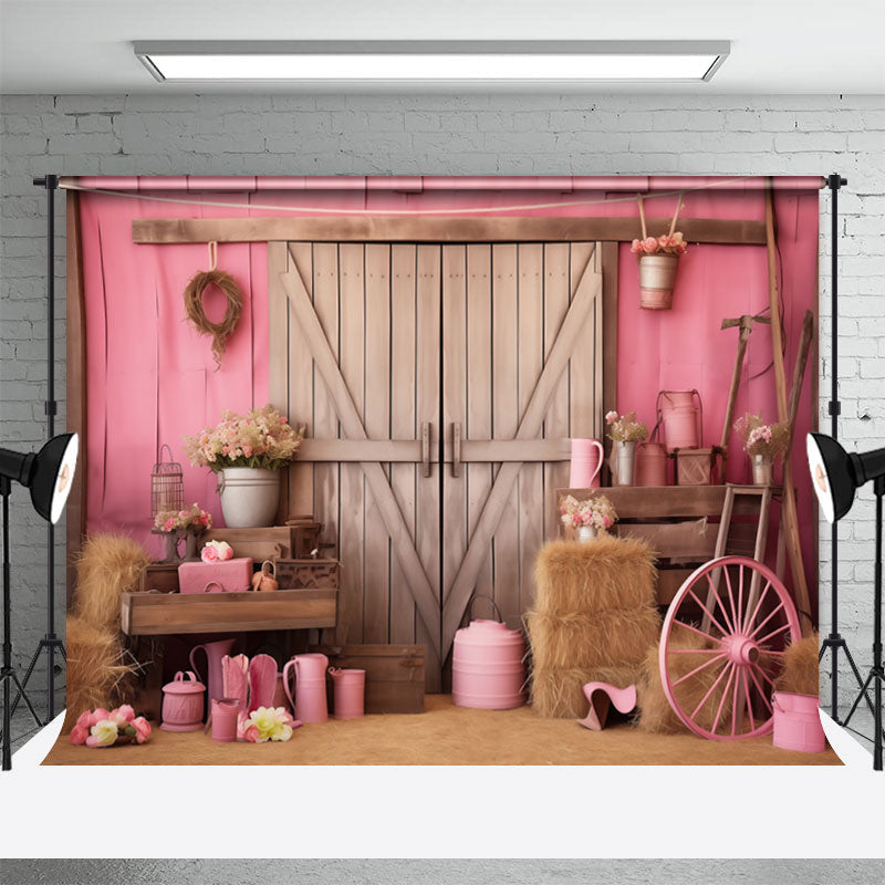 Aperturee - Wooden Door Pink Wall Cowgirl Birthday Backdrop