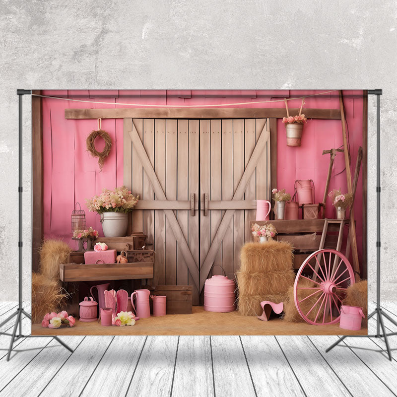 Aperturee - Wooden Door Pink Wall Cowgirl Birthday Backdrop