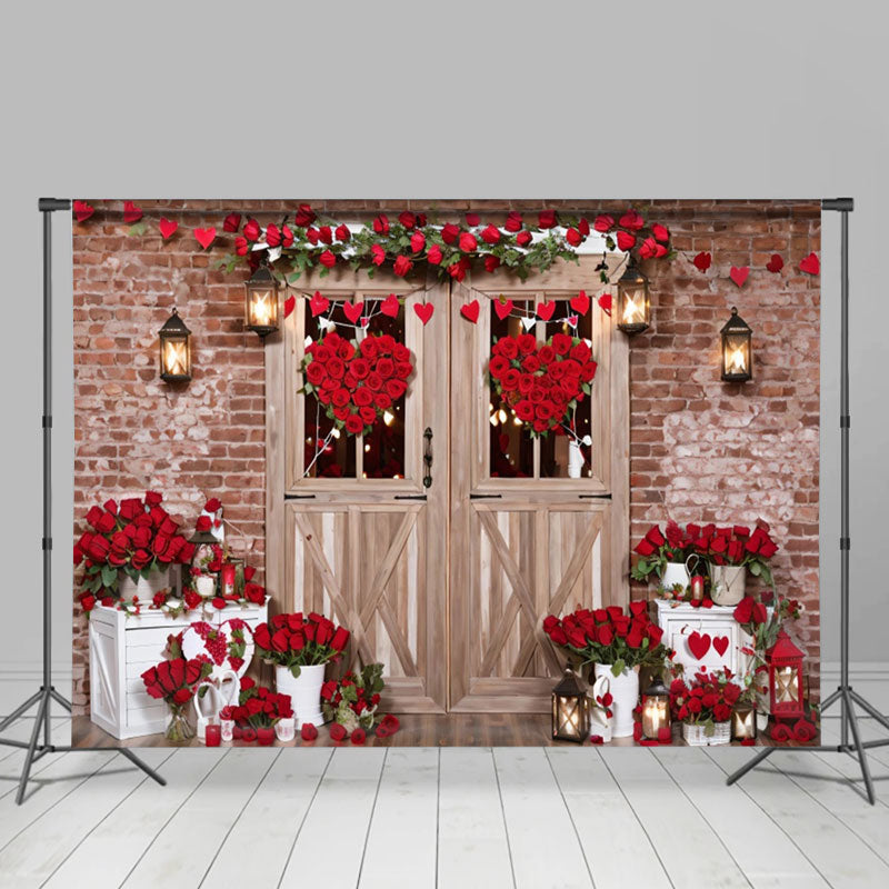 Aperturee - Wooden Door Red Heart Floral Valentines Day Backdrop