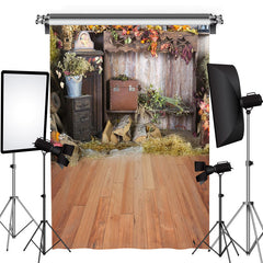 Aperturee - Wooden Floor Hay Vintage Cabinet Autumn Backdrop