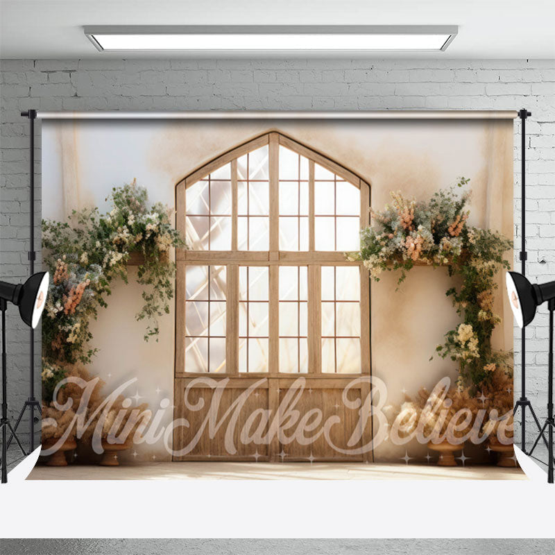 Aperturee - Wooden Frame Door Flowers Photo Retro Wall Backdrop