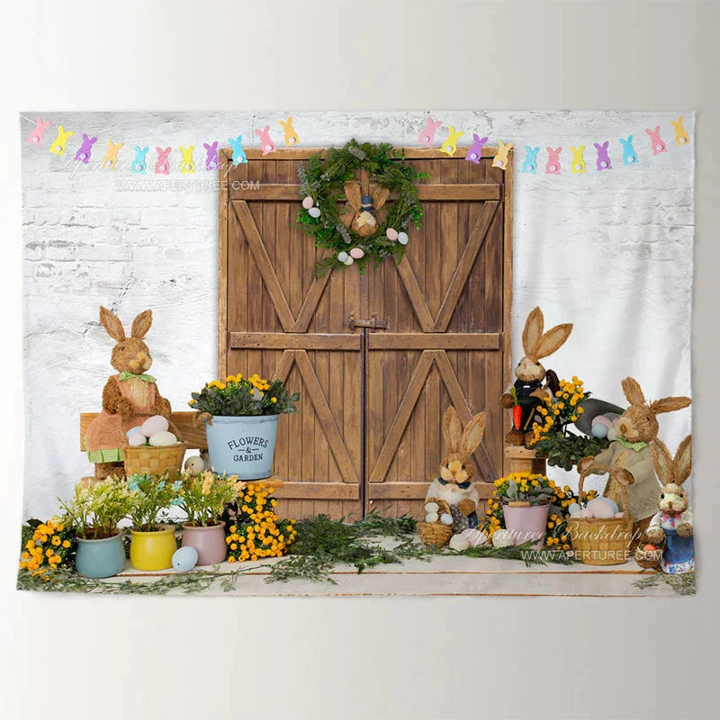 Aperturee - Wooden Gate Rabbit Theme Brick Easter Day Backdrop