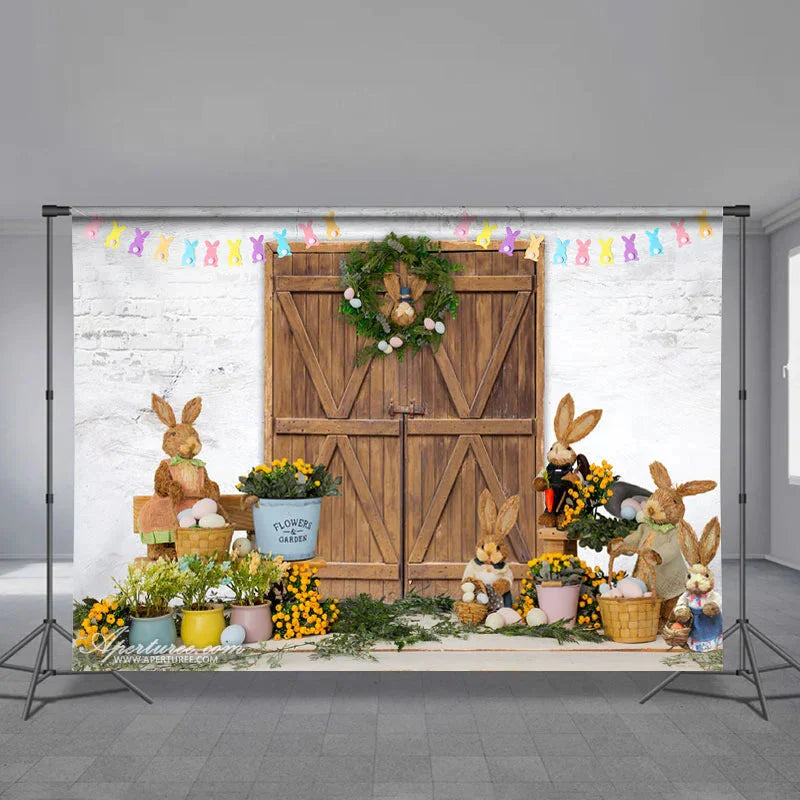 Aperturee - Wooden Gate Rabbit Theme Brick Easter Day Backdrop