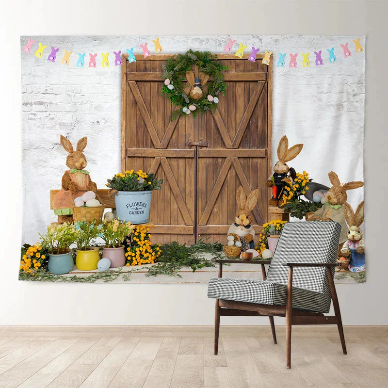 Aperturee - Wooden Gate Rabbit Theme Brick Easter Day Backdrop