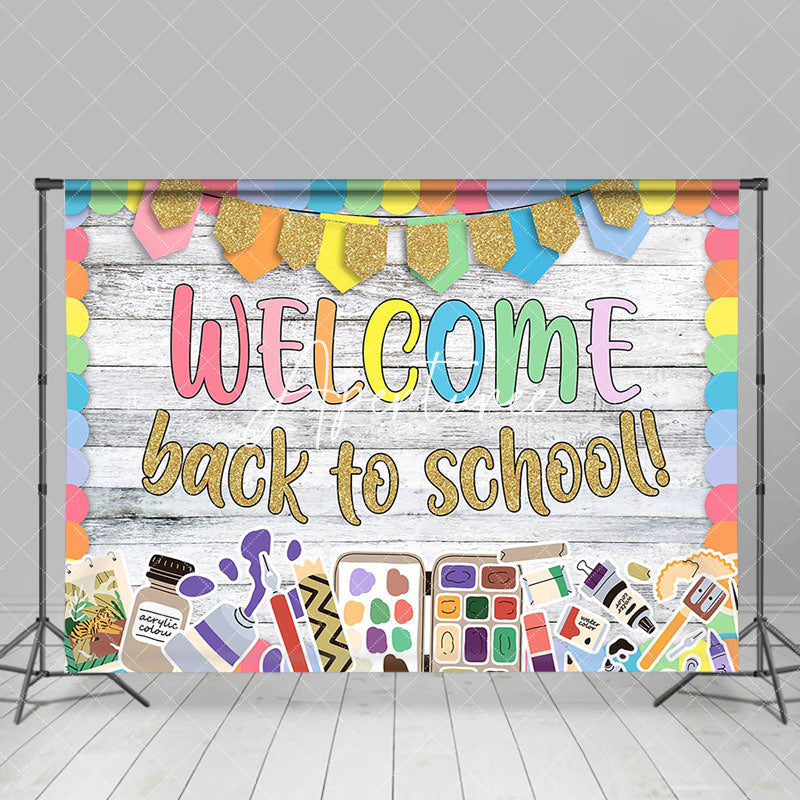 Aperturee - Wooden Gold Glitter Welcome Back To School Backdrop