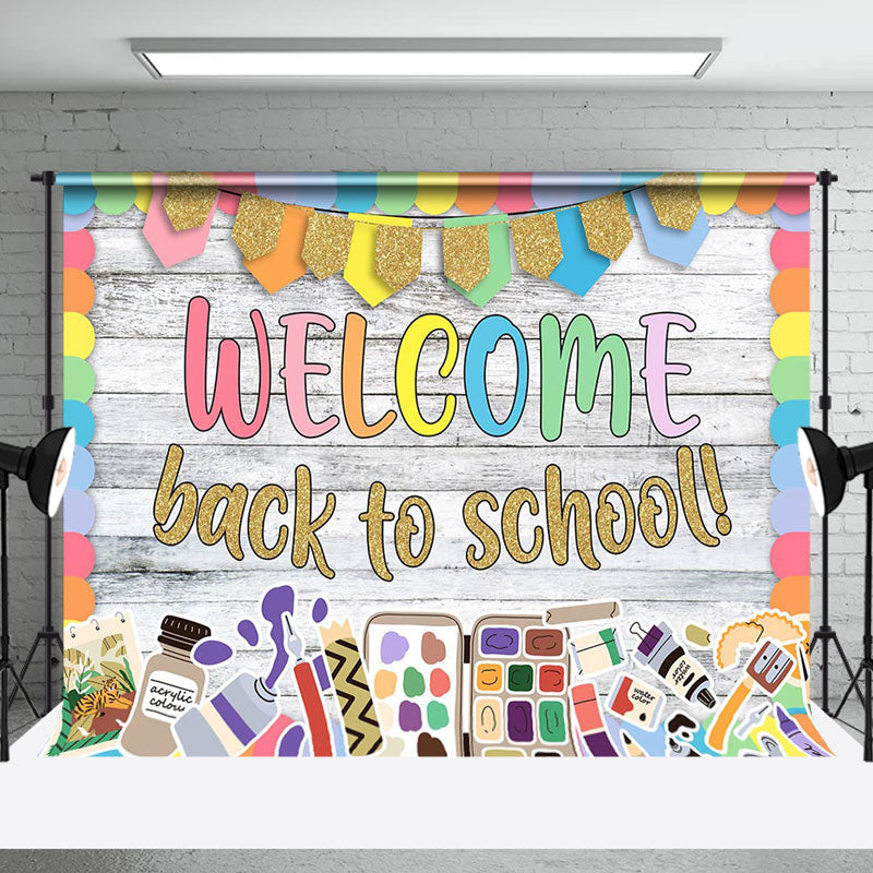 Aperturee - Wooden Gold Glitter Welcome Back To School Backdrop