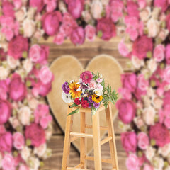 Aperturee - Wooden Heart Pink White Rose Valentines Day Backdrop