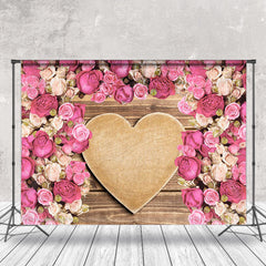 Aperturee - Wooden Heart Pink White Rose Valentines Day Backdrop