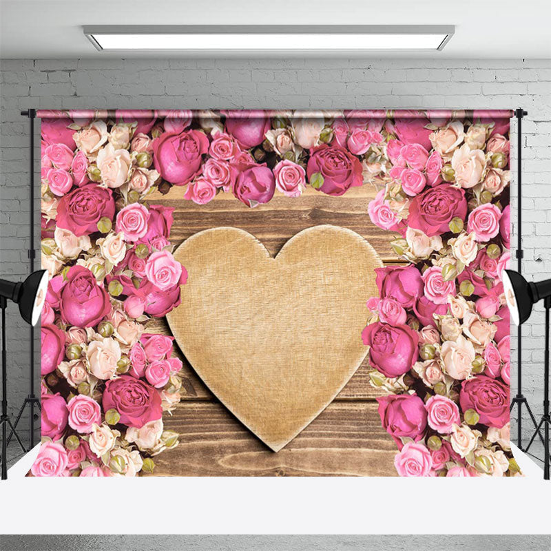 Aperturee - Wooden Heart Pink White Rose Valentines Day Backdrop