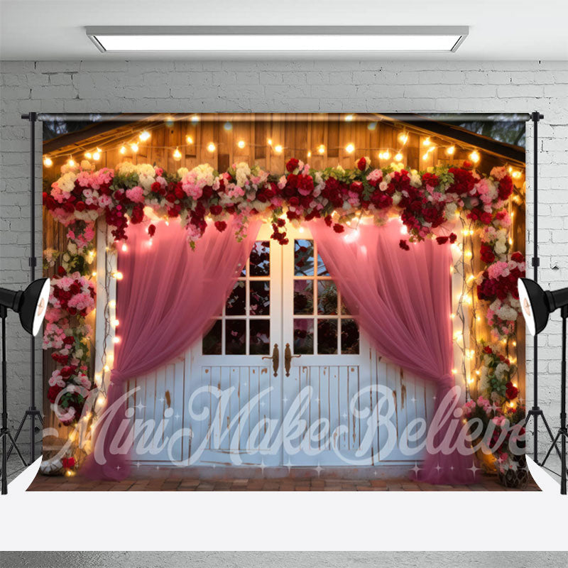 Aperturee - Wooden House And Pink Curtain Light Floral Backdrop