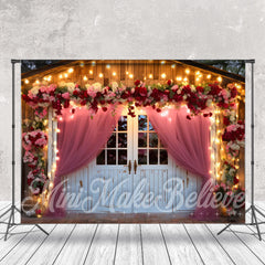 Aperturee - Wooden House And Pink Curtain Light Floral Backdrop