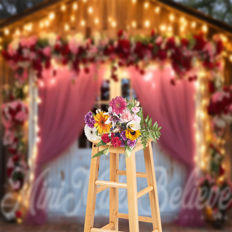 Aperturee - Wooden House And Pink Curtain Light Floral Backdrop