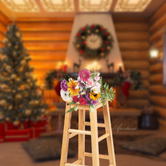 Aperturee - Wooden House Fireplace Tree Gift Christmas Backdrop