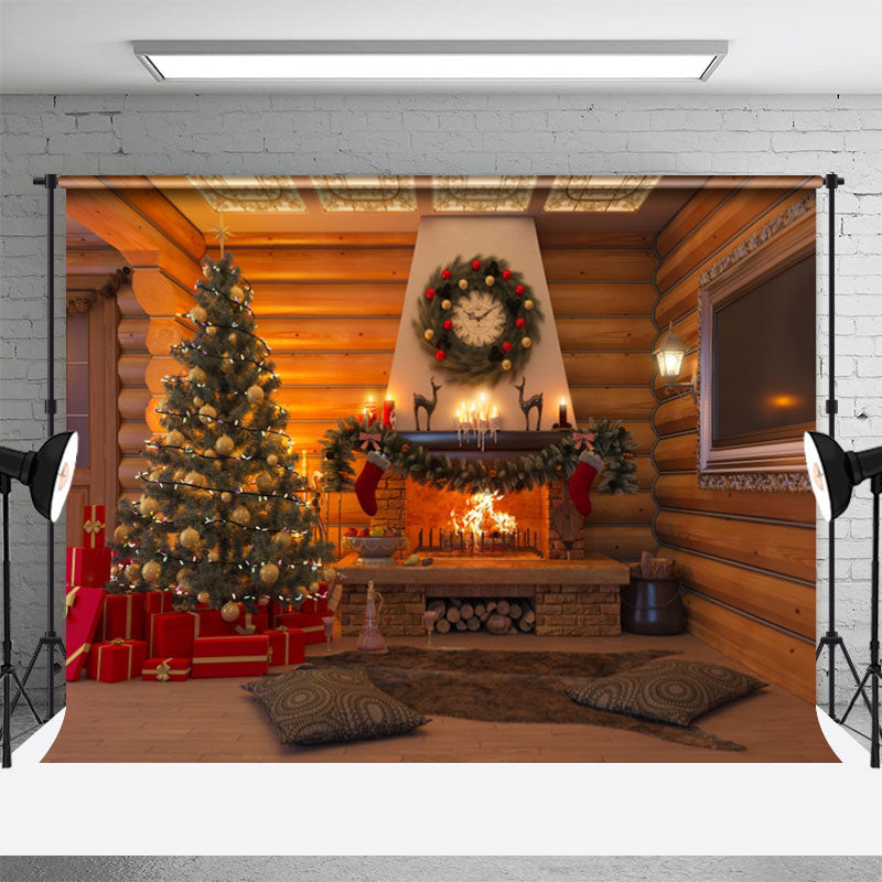 Aperturee - Wooden House Fireplace Tree Gift Christmas Backdrop