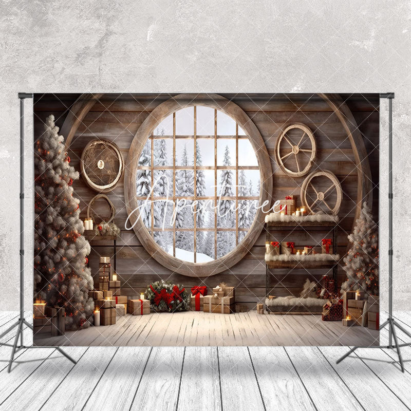 Aperturee - Wooden House Gifts Window Scenery Christmas Backdrop