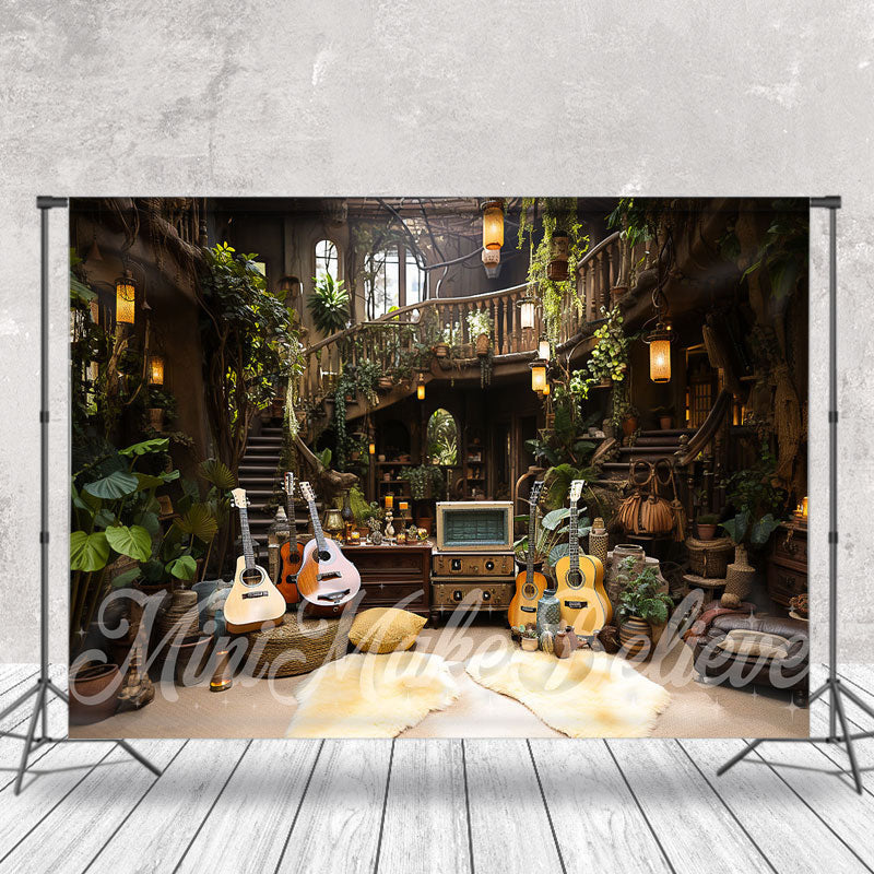 Aperturee - Wooden House Guitar Leaves Indoor Photo Backdrop