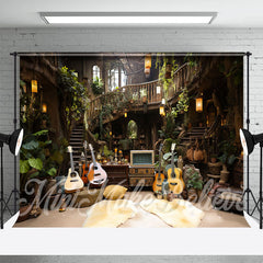 Aperturee - Wooden House Guitar Leaves Indoor Photo Backdrop