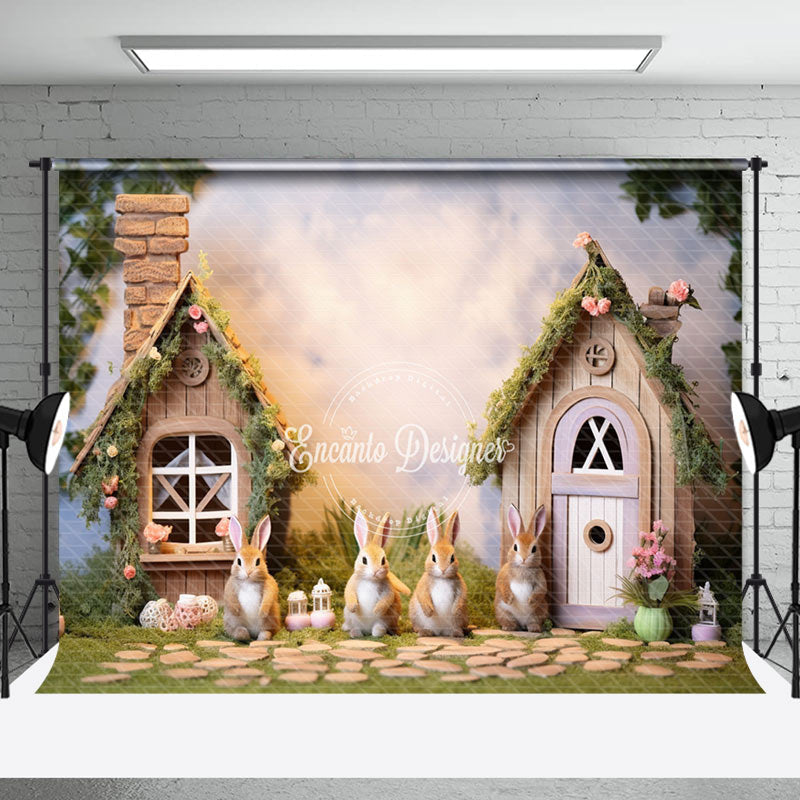 Aperturee - Wooden House Rabbit Floral Lawn Easter Backdrop