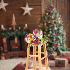 Aperturee - Wooden House Star Fireplace Gift Christmas Backdrop