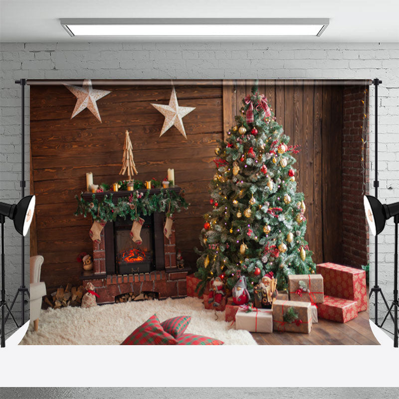 Aperturee - Wooden House Star Fireplace Gift Christmas Backdrop