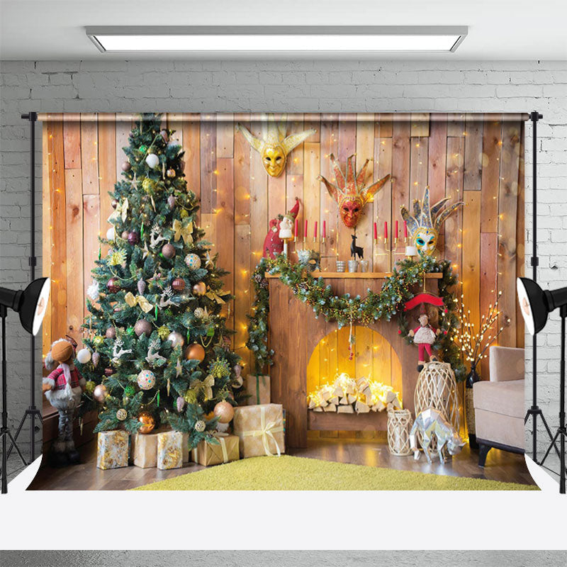 Aperturee - Wooden House Tree Gifts Fireplace Christmas Backdrop