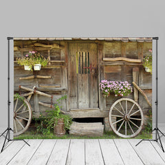 Aperturee - Wooden House Wheels And Flowers Spring Photo Backdrop