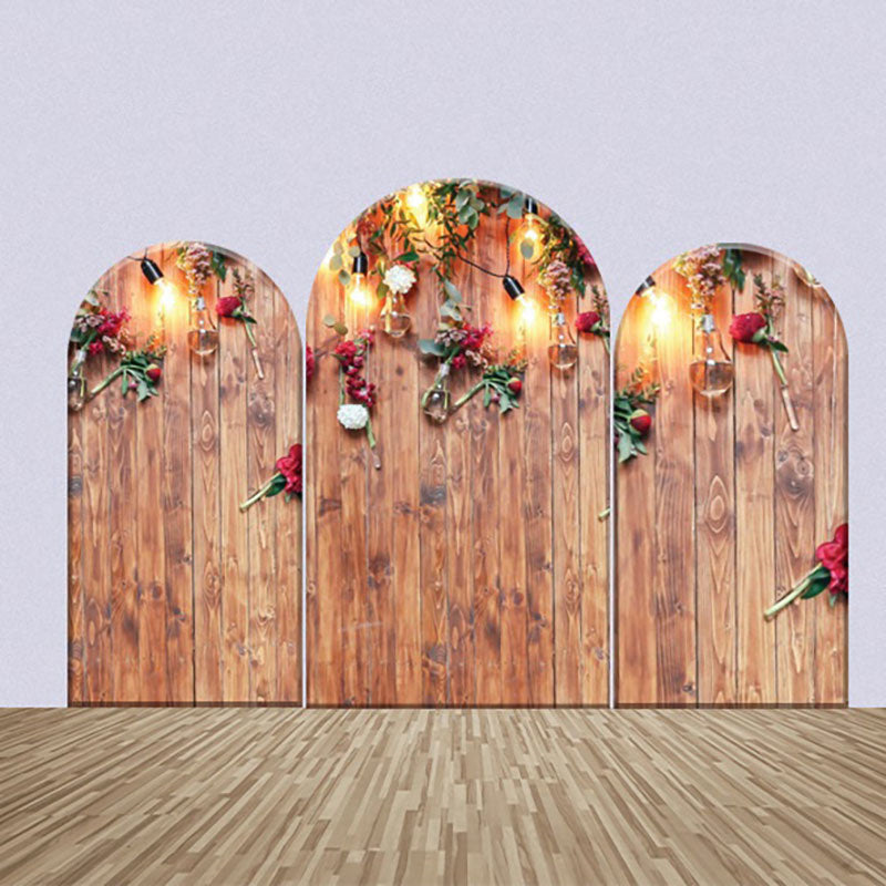 Aperturee - Wooden Red Flowers Light Wedding Arch Backdrop Kit