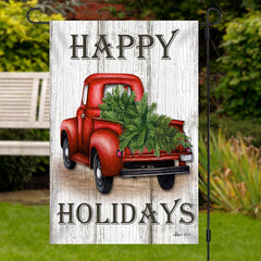 Aperturee - Wooden Red Truck Pine Tree Christmas Garden Flag