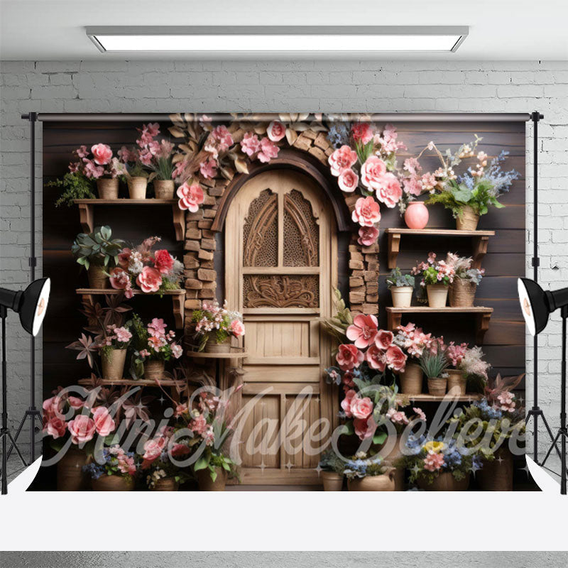 Aperturee - Wooden Retro Door Shelf Wall Pink Flower Backdrop