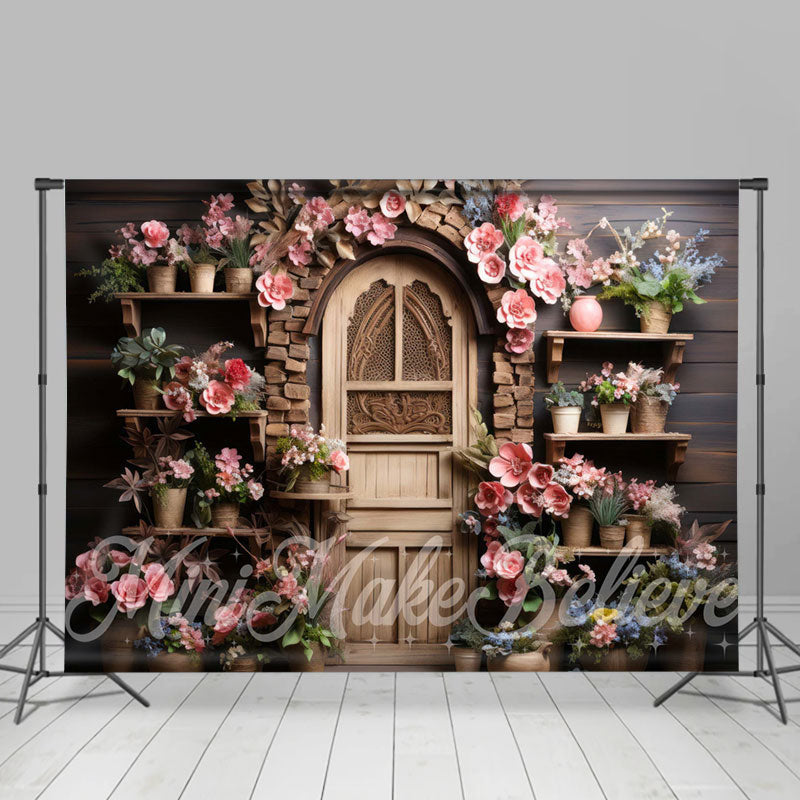 Aperturee - Wooden Retro Door Shelf Wall Pink Flower Backdrop