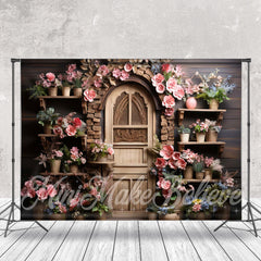 Aperturee - Wooden Retro Door Shelf Wall Pink Flower Backdrop