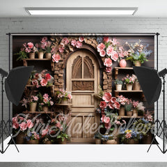 Aperturee - Wooden Retro Door Shelf Wall Pink Flower Backdrop