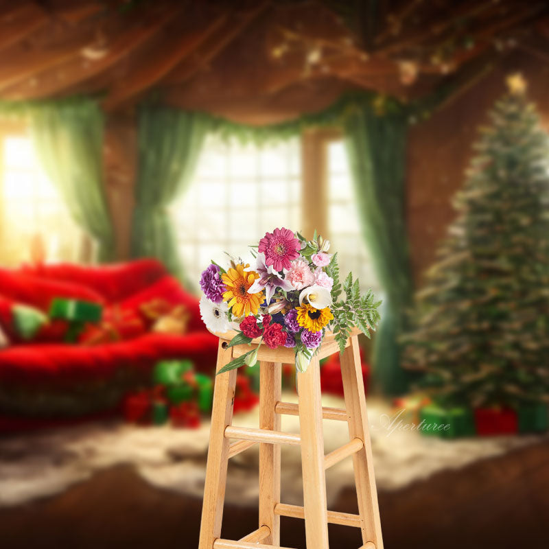 Aperturee - Wooden Room Floor Window Red Sofa Christmas Backdrop