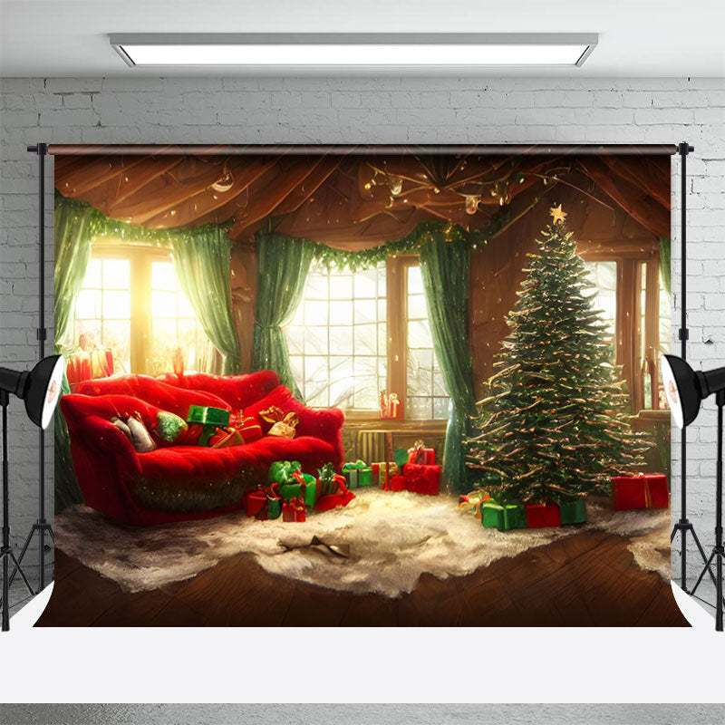 Aperturee - Wooden Room Floor Window Red Sofa Christmas Backdrop