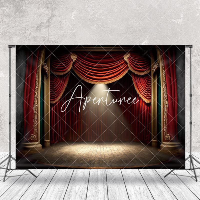 Aperturee - Wooden Stage Red Curtain Light Photo Booth Backdrop