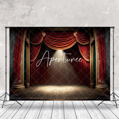 Aperturee - Wooden Stage Red Curtain Light Photo Booth Backdrop