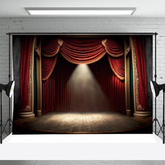 Aperturee - Wooden Stage Red Curtain Light Photo Booth Backdrop