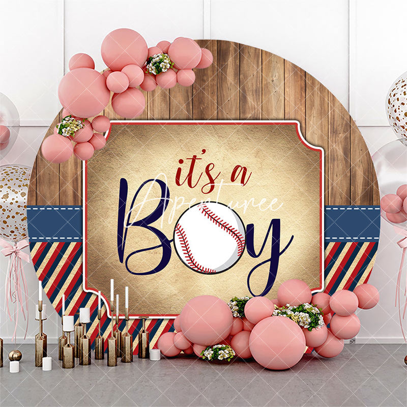 Aperturee - Wooden Stripe Its A Boy Round Baby Shower Backdrop