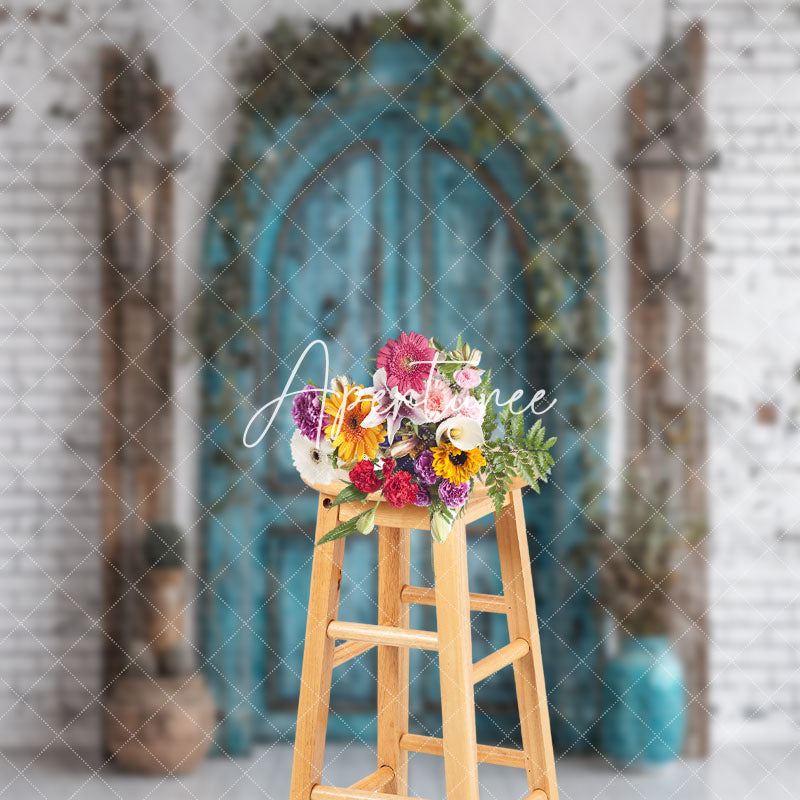 Aperturee - Wooden Teal Arch Door Brick Wall Wedding Backdrop