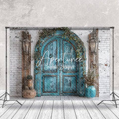 Aperturee - Wooden Teal Arch Door Brick Wall Wedding Backdrop