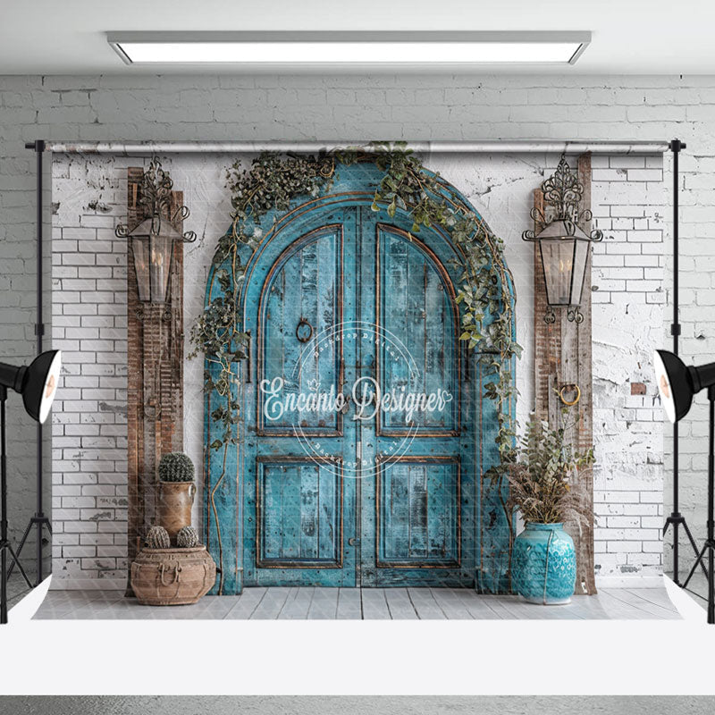 Aperturee - Wooden Teal Arch Door Brick Wall Wedding Backdrop