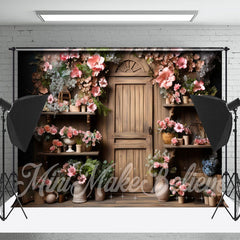 Aperturee - Wooden Vintage Door Shelf Clay Pot Flower Backdrop