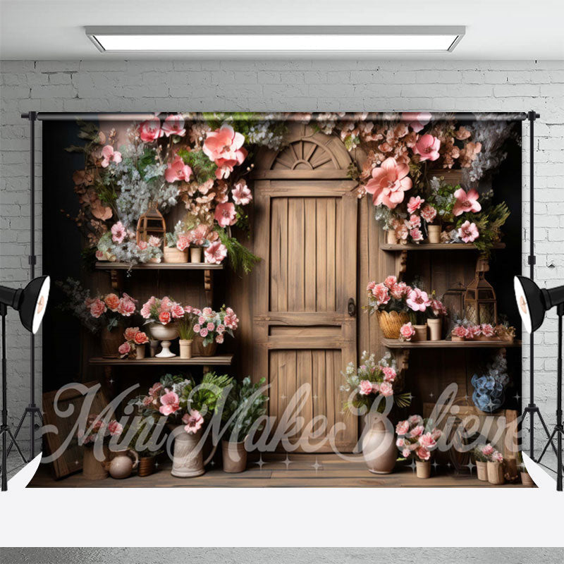 Aperturee - Wooden Vintage Door Shelf Clay Pot Flower Backdrop