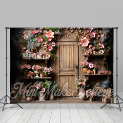 Aperturee - Wooden Vintage Door Shelf Clay Pot Flower Backdrop