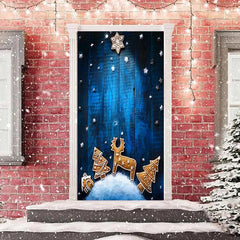 Aperturee - Wooden Wall Blue Christmas Tree Elk Star Door Cover