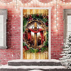 Aperturee - Wooden Wall Cross Green Leaves Christmas Door Cover