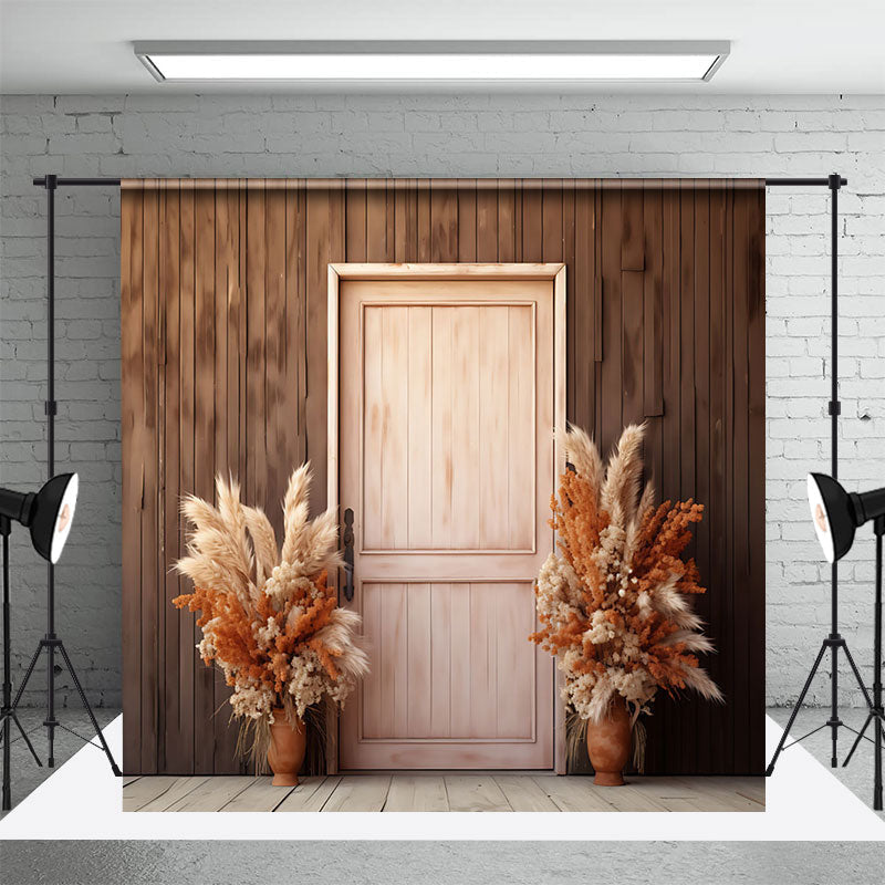 Aperturee - Wooden Wall Door Boho Floral Photography Backdrop