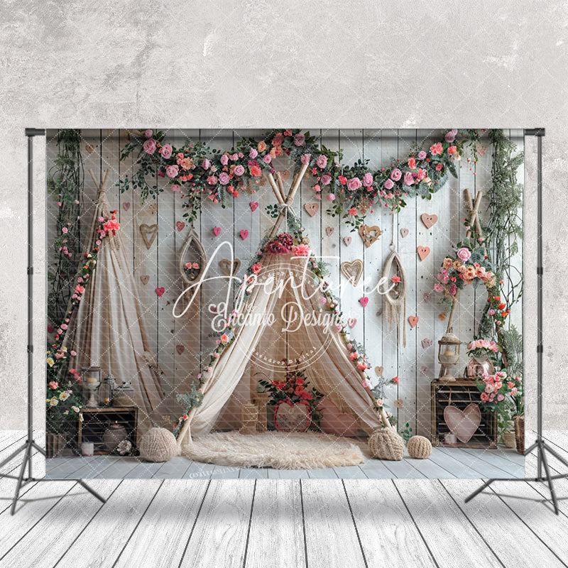 Aperturee - Wooden Wall Pink Floral Boho Tent Wedding Backdrop