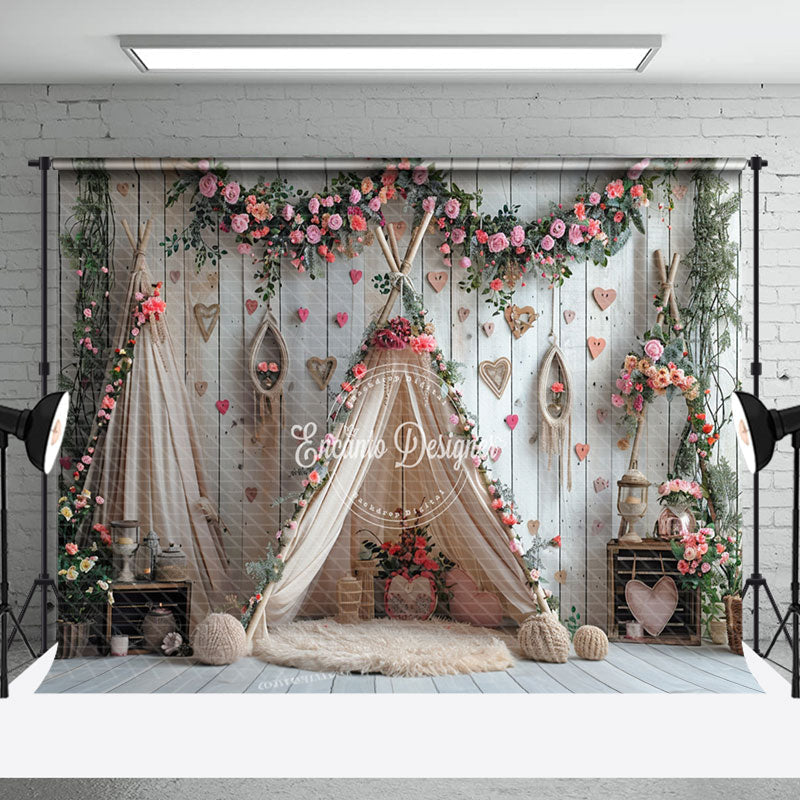 Aperturee - Wooden Wall Pink Floral Boho Tent Wedding Backdrop