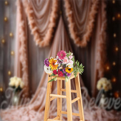 Aperturee - Wooden Wall Pink Gauze White Rose Floral Backdrop